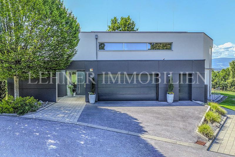 Straßenseite einer modernen Villa mit Flachdach und Einfahrt