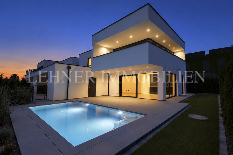 Haus mit Flachdach und Pool in der Abenddämmerung